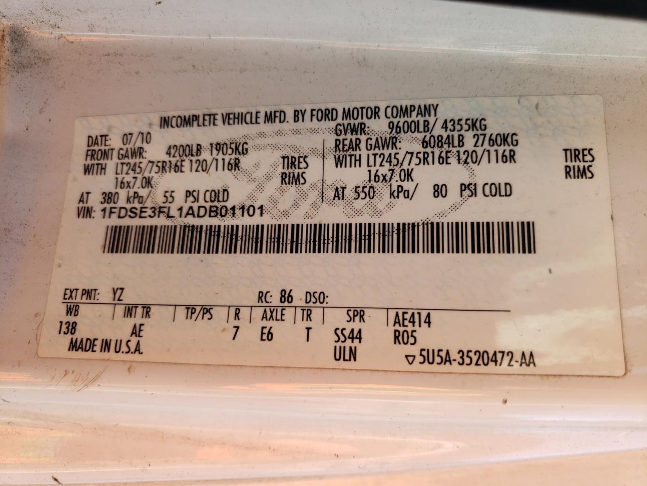 2010 Ford Econoline E350 Super Duty Cutaway Van VIN: 1FDSE3FL1ADB01101 Lot: 70217945