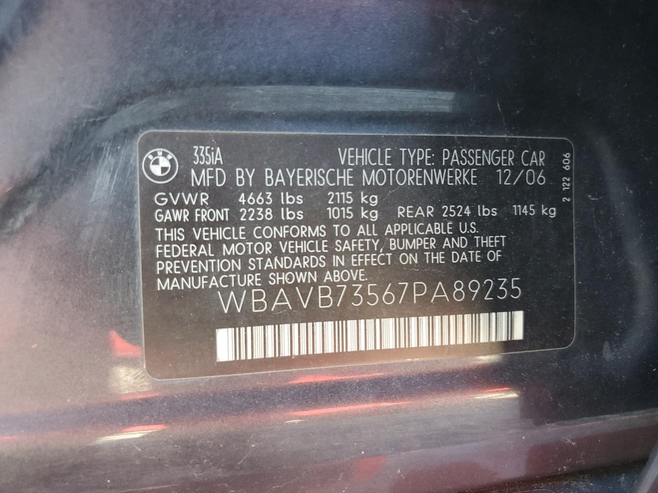 2007 BMW 335 I VIN: WBAVB73567PA89235 Lot: 84814705
