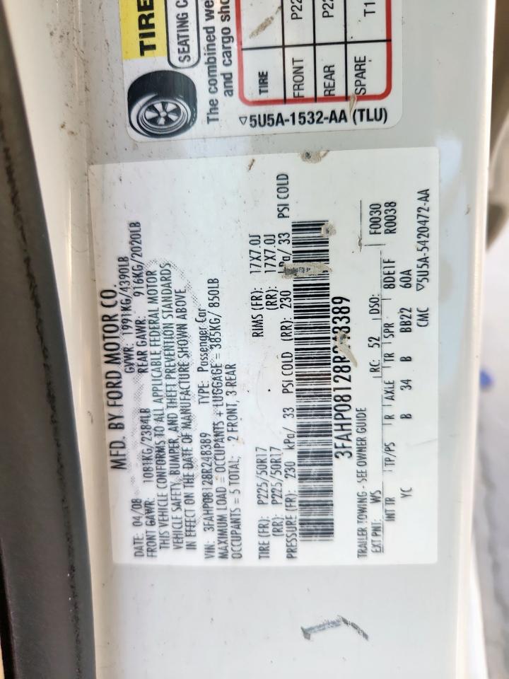 2008 Ford Fusion Sel VIN: 3FAHP08128R248389 Lot: 71299615