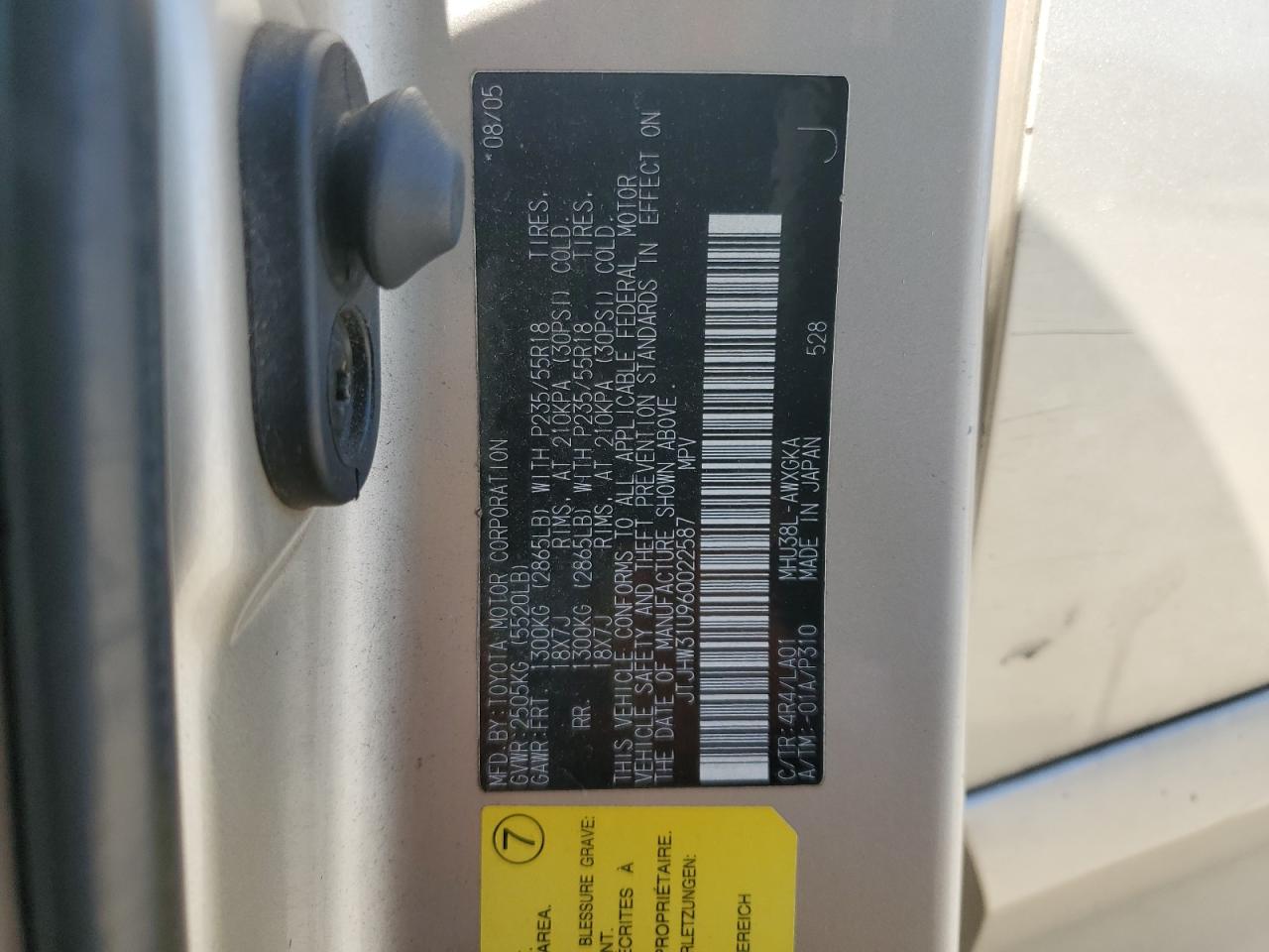 Hide VIN History Auto JTJHW31U960022587 - LEXUS RX400 2006