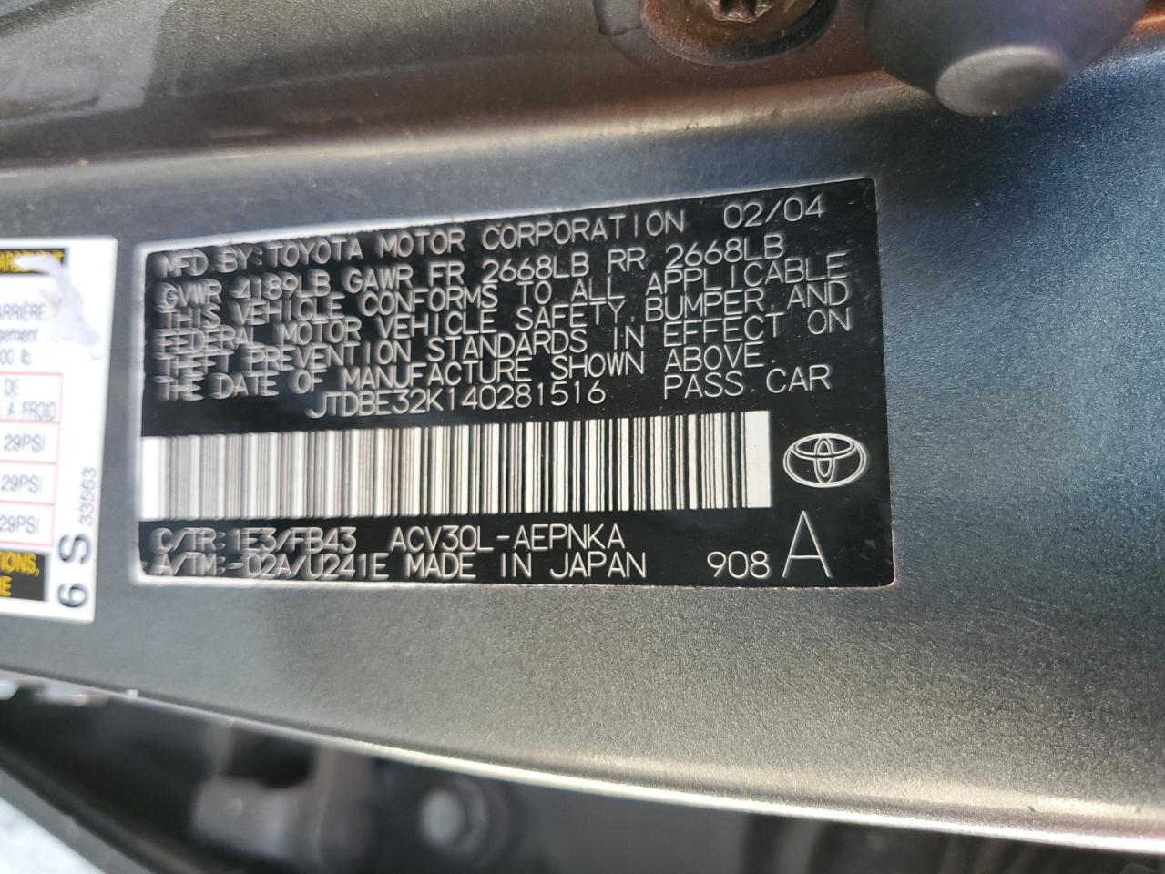 2004 Toyota Camry Le VIN: JTDBE32K140281516 Lot: 71868425