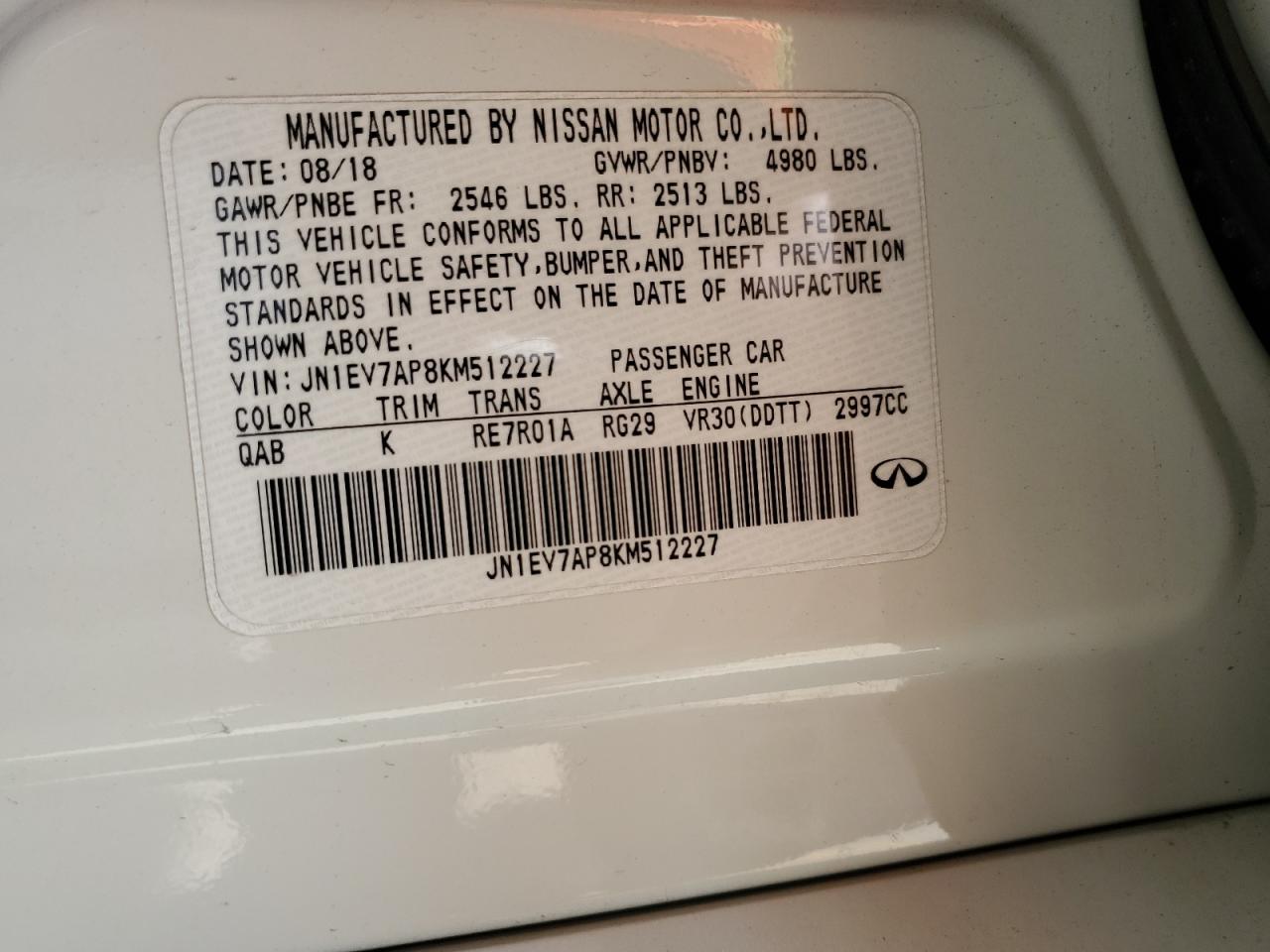 2019 Infiniti Q50 Luxe VIN: JN1EV7AP8KM512227 Lot: 70490025