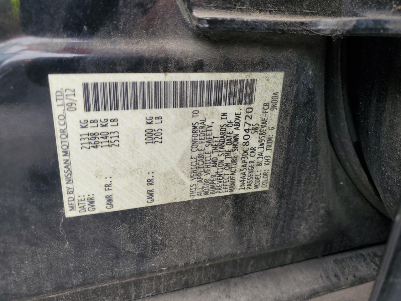 2013 Nissan Maxima S VIN: 1N4AA5AP3DC804720 Lot: 81756595