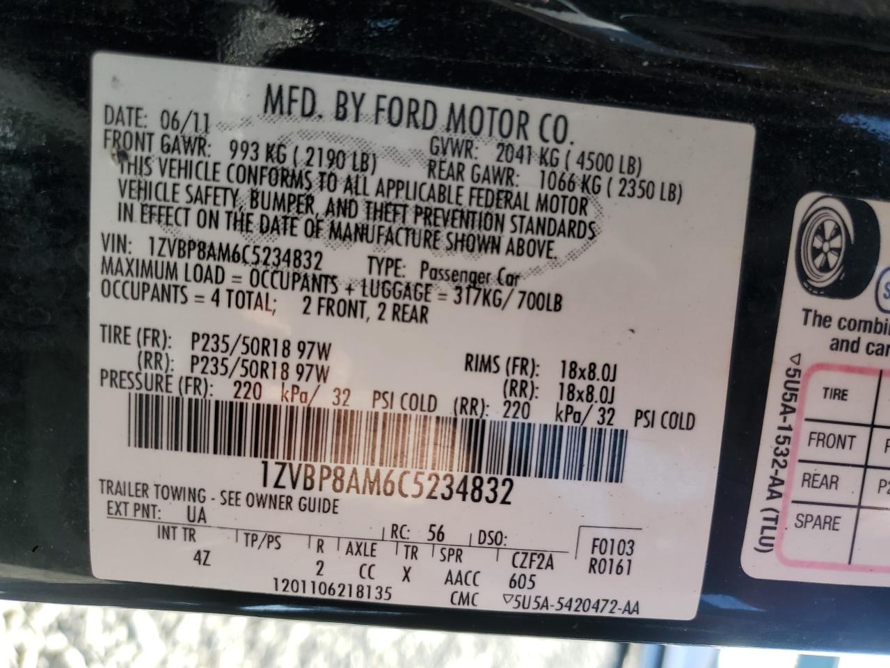 2012 Ford Mustang VIN: 1ZVBP8AM6C5234832 Lot: 80139975