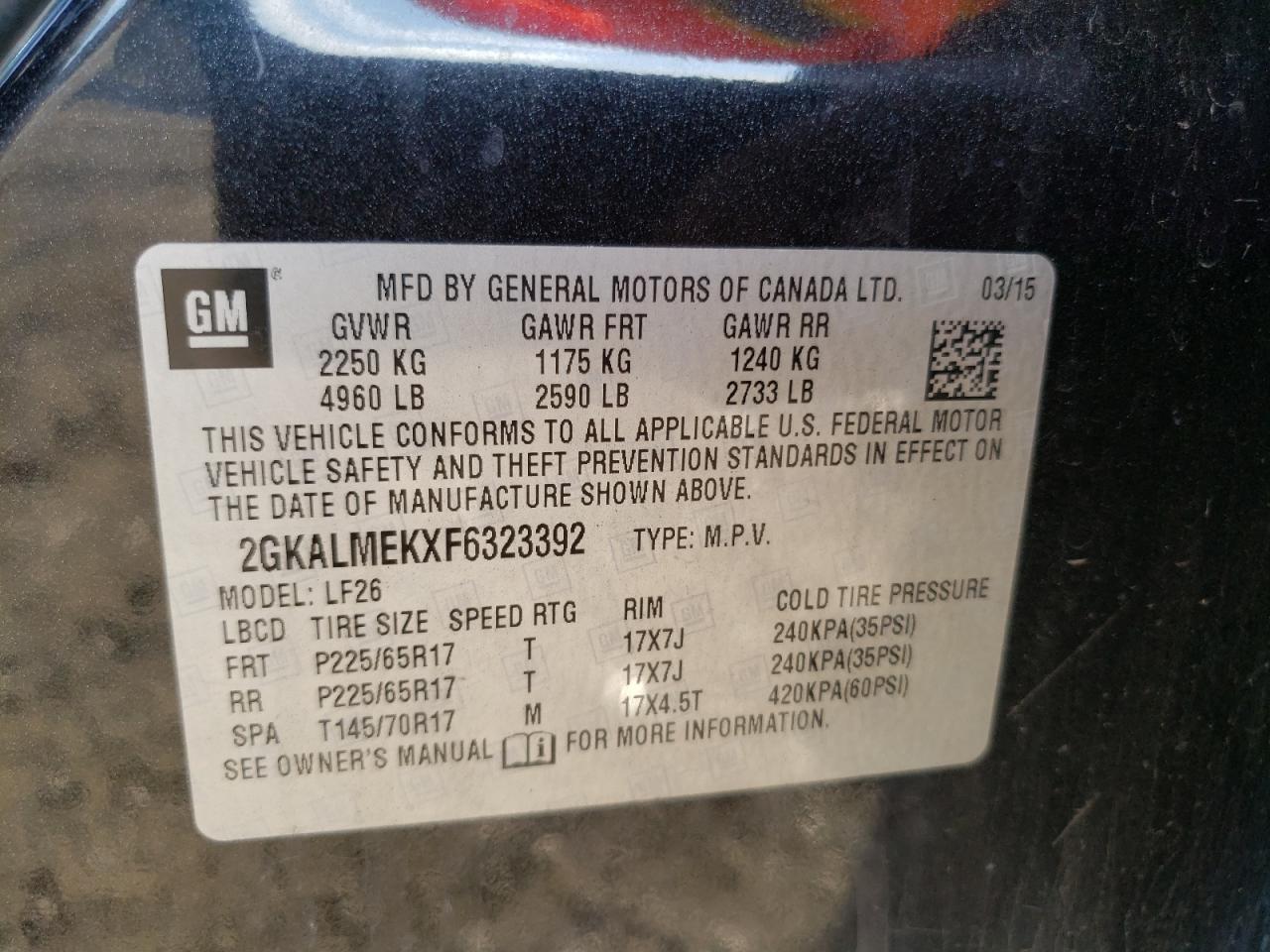 2015 GMC Terrain Sle VIN: 2GKALMEKXF6323392 Lot: 80102755