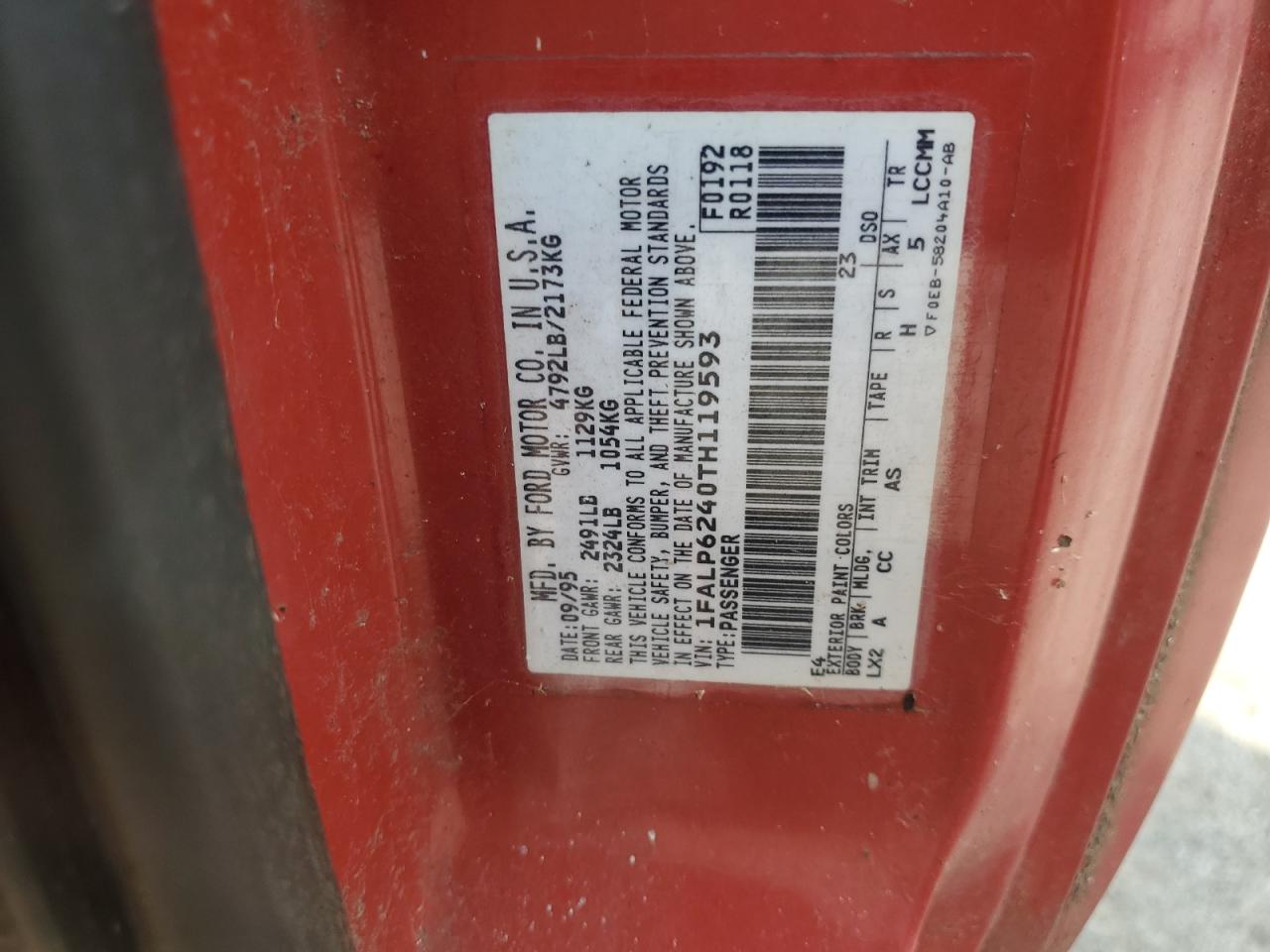 1996 Ford Thunderbird Lx VIN: 1FALP6240TH119593 Lot: 81669715