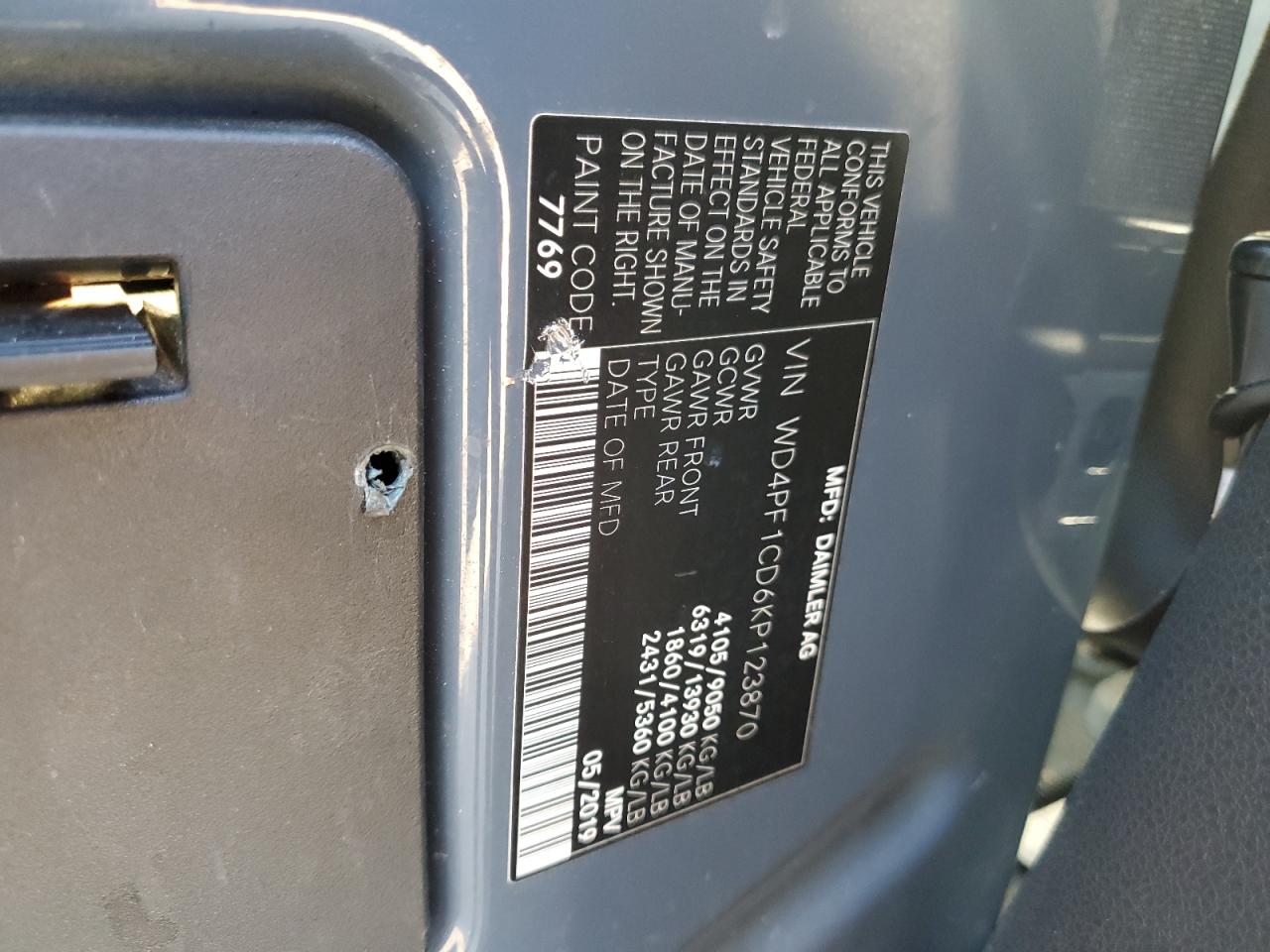 2019 Mercedes-Benz Sprinter 2500/3500 VIN: WD4PF1CD6KP123870 Lot: 80388195