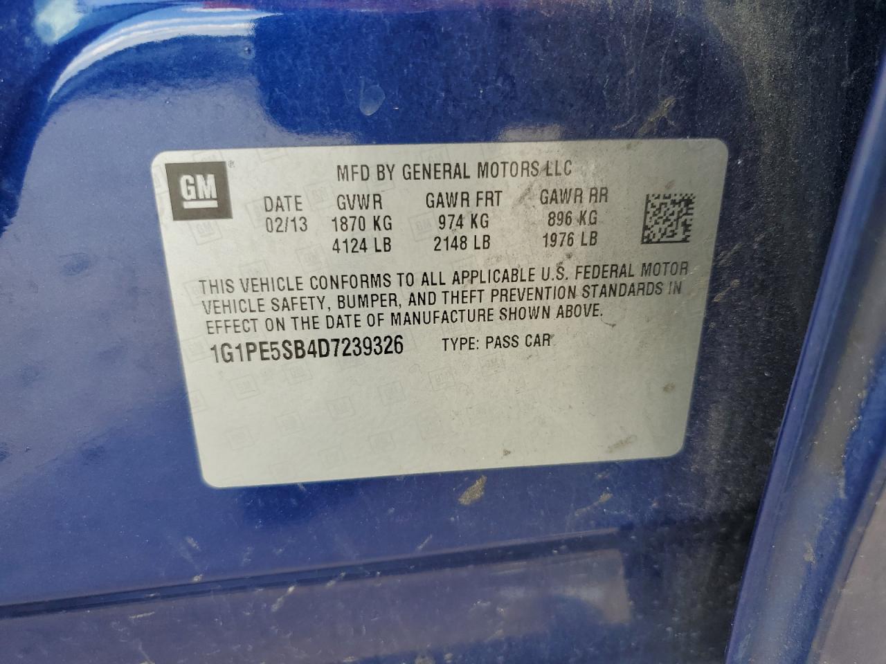 2013 Chevrolet Cruze Lt VIN: 1G1PE5SB4D7239326 Lot: 83839025
