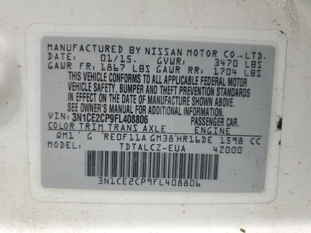 2015 Nissan Versa Note S VIN: 3N1CE2CP9FL408806 Lot: 81204915