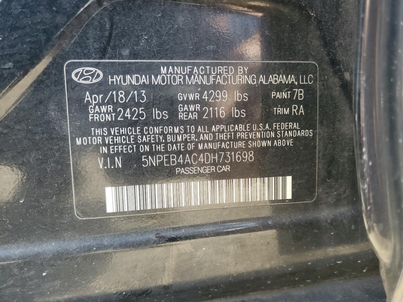 2013 Hyundai Sonata Gls VIN: 5NPEB4AC4DH731698 Lot: 84289395