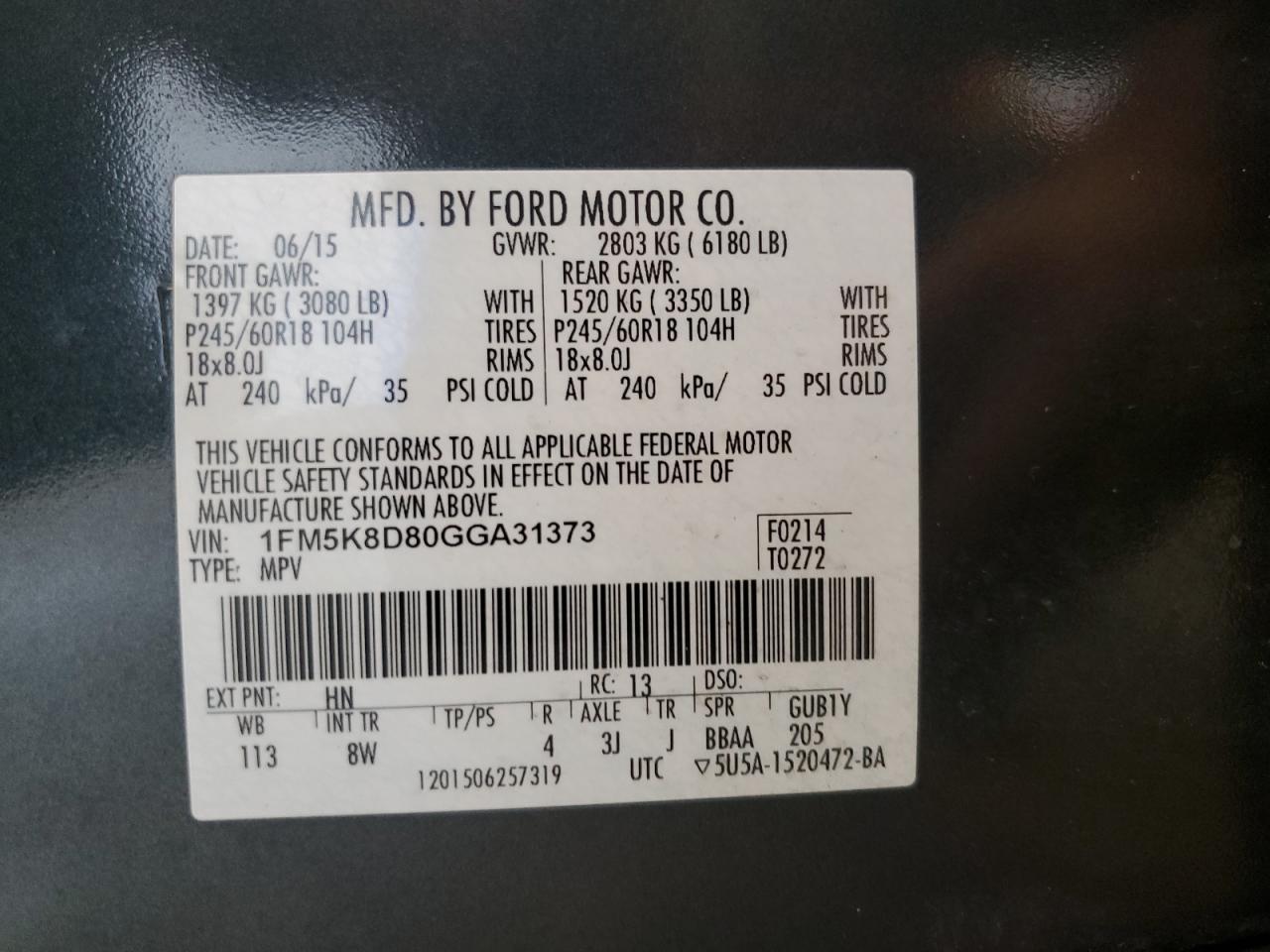 2016 Ford Explorer Xlt VIN: 1FM5K8D80GGA31373 Lot: 70301445