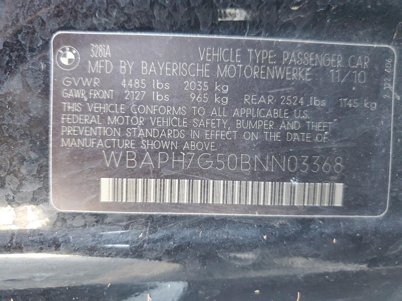 2011 BMW 328 I VIN: WBAPH7G50BNN03368 Lot: 81140065