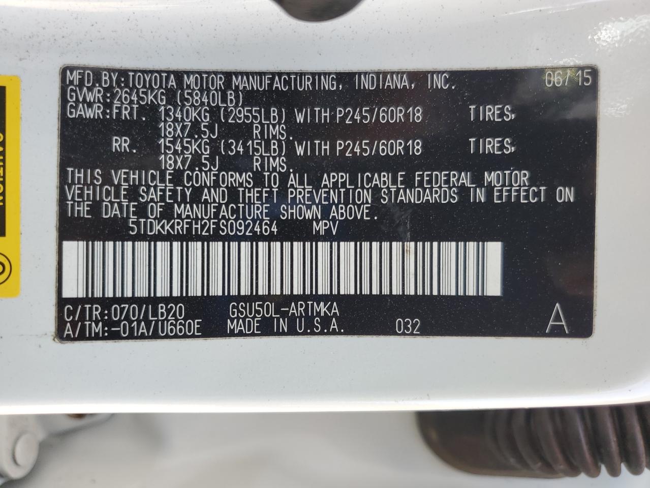 2015 Toyota Highlander Xle VIN: 5TDKKRFH2FS092464 Lot: 71401335