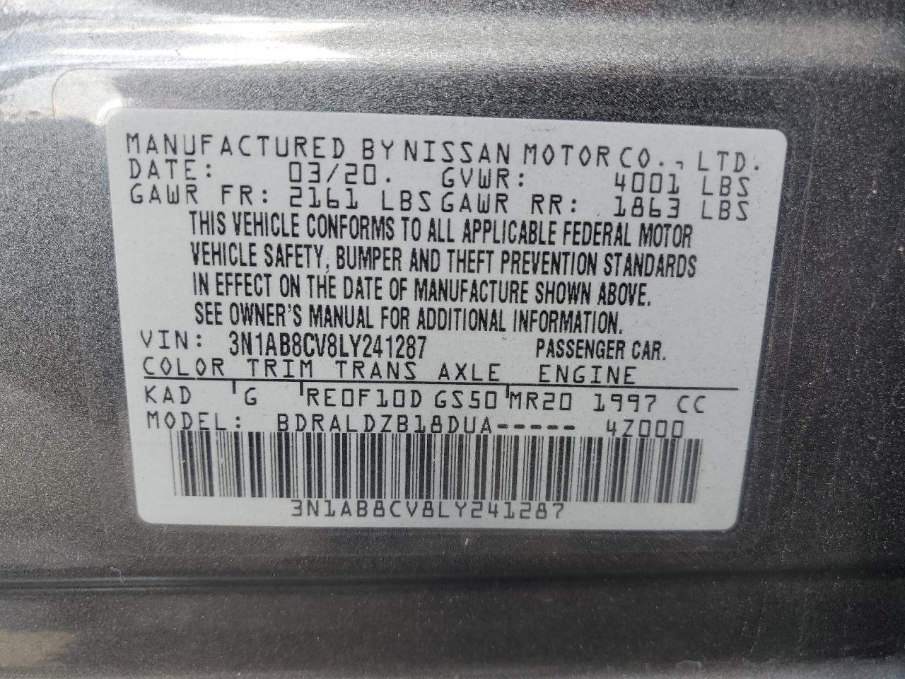 2020 Nissan Sentra Sv VIN: 3N1AB8CV8LY241287 Lot: 81923615