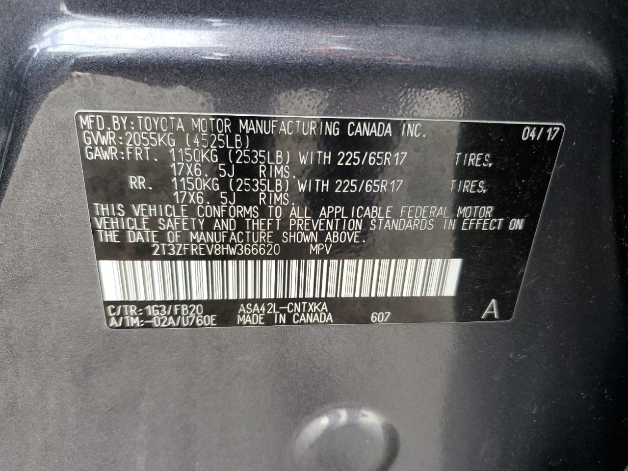 2017 Toyota Rav4 Le VIN: 2T3ZFREV8HW366620 Lot: 84046555