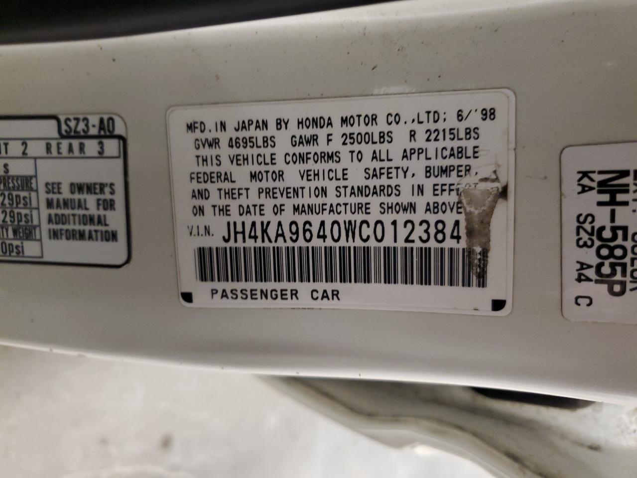 1998 Acura 3.5Rl VIN: JH4KA9640WC012384 Lot: 84588355