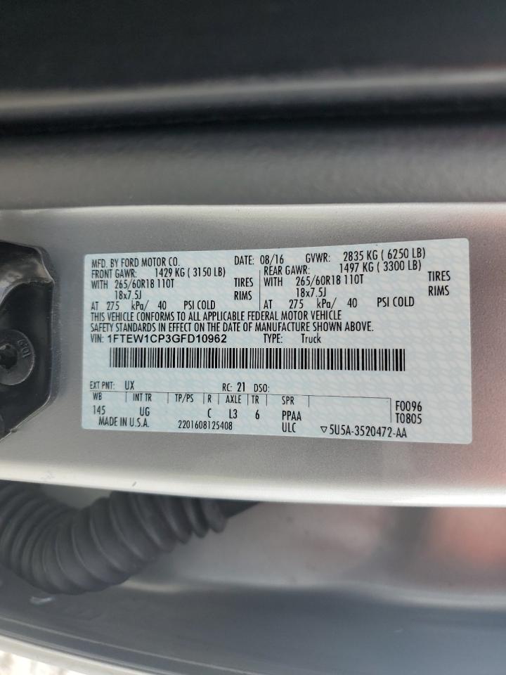 2016 Ford F150 Supercrew VIN: 1FTEW1CP3GFD10962 Lot: 80090365