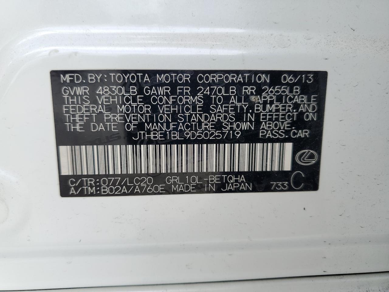 2013 Lexus Gs 350 VIN: JTHBE1BL9D5025719 Lot: 80221865