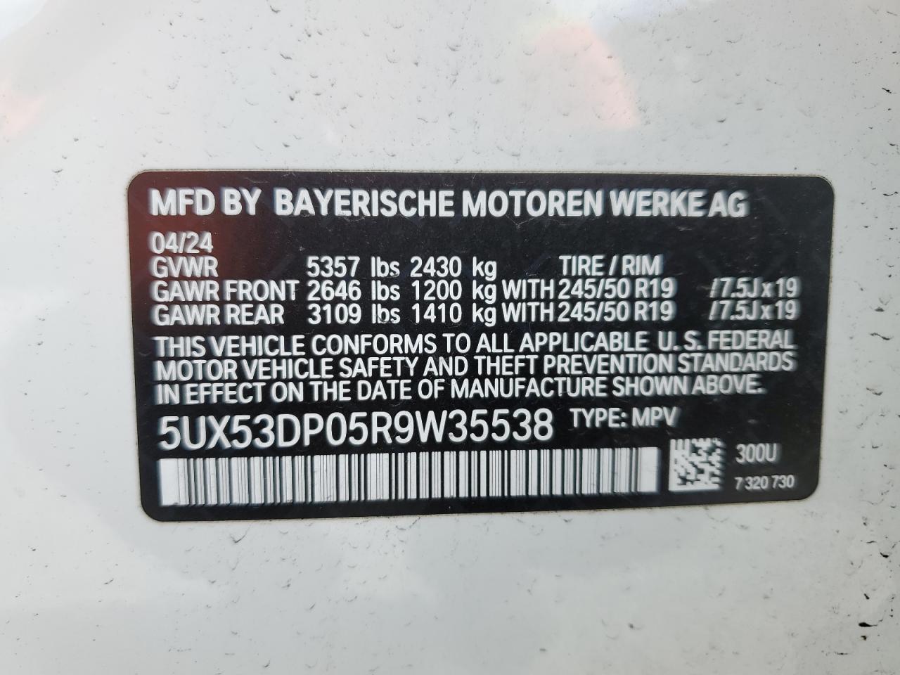 2024 BMW X3 xDrive30I VIN: 5UX53DP05R9W35538 Lot: 70177915