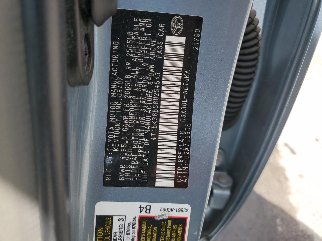 2008 Toyota Avalon Xl VIN: 4T1BK36B58U254543 Lot: 70761625