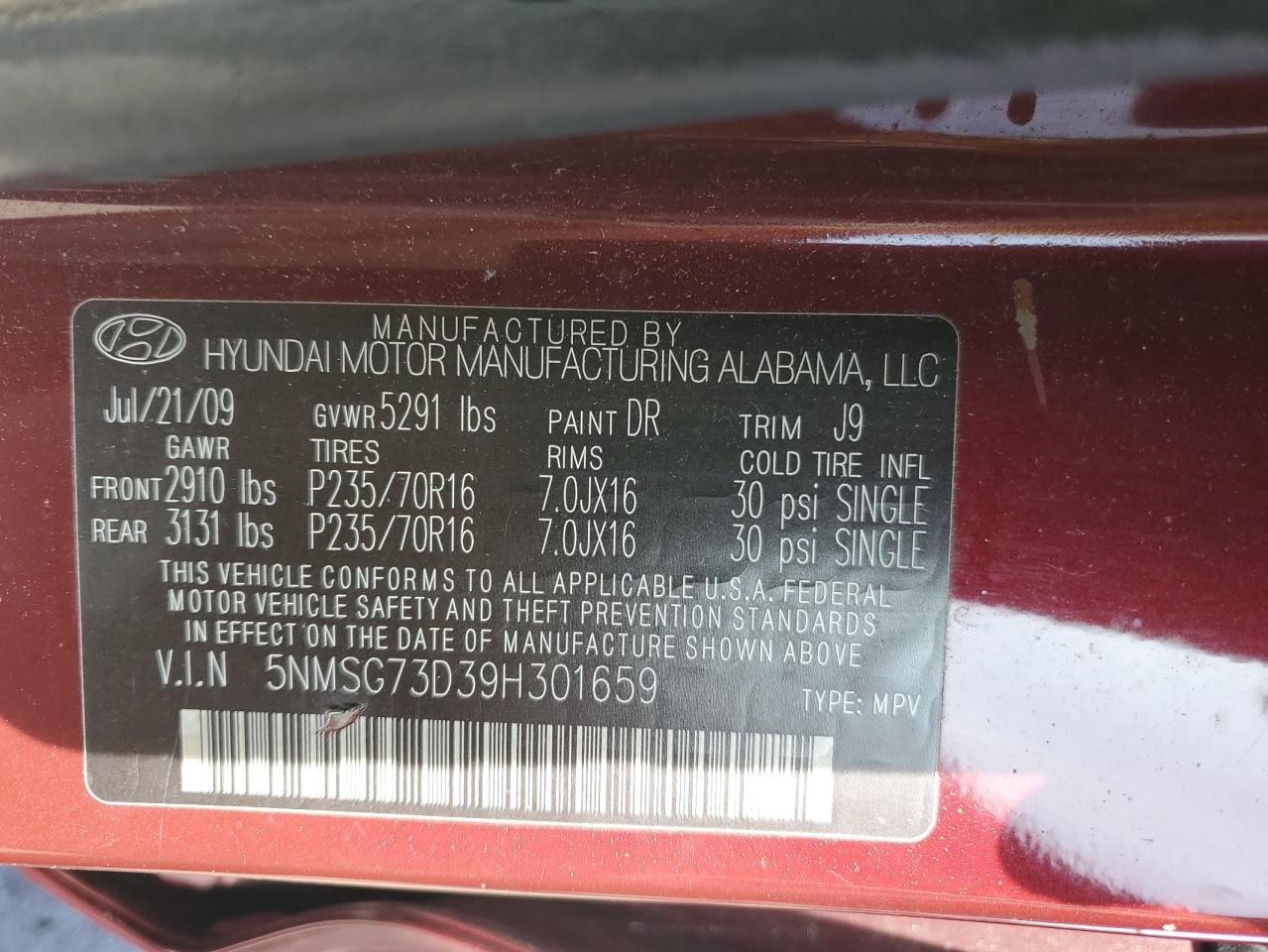 2009 Hyundai Santa Fe Gls VIN: 5NMSG73D39H301659 Lot: 81270125