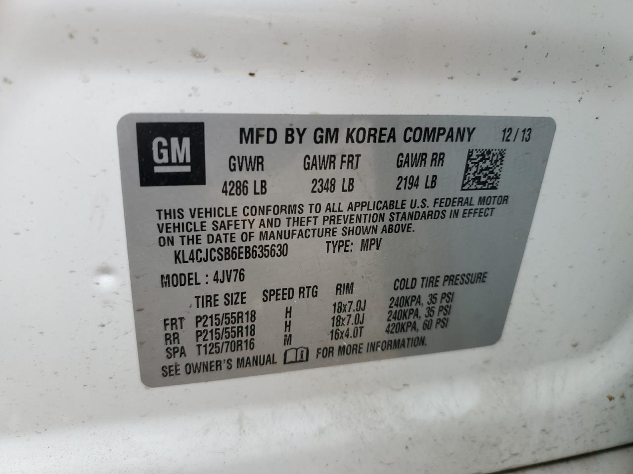 2014 Buick Encore VIN: KL4CJCSB6EB635630 Lot: 81194225