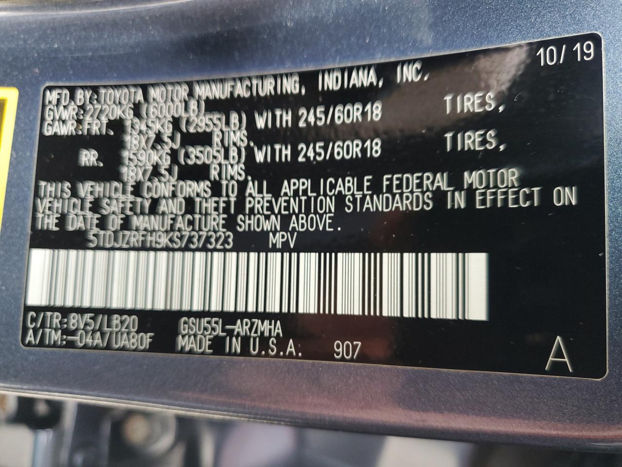 2019 Toyota Highlander Se VIN: 5TDJZRFH9KS737323 Lot: 81306975