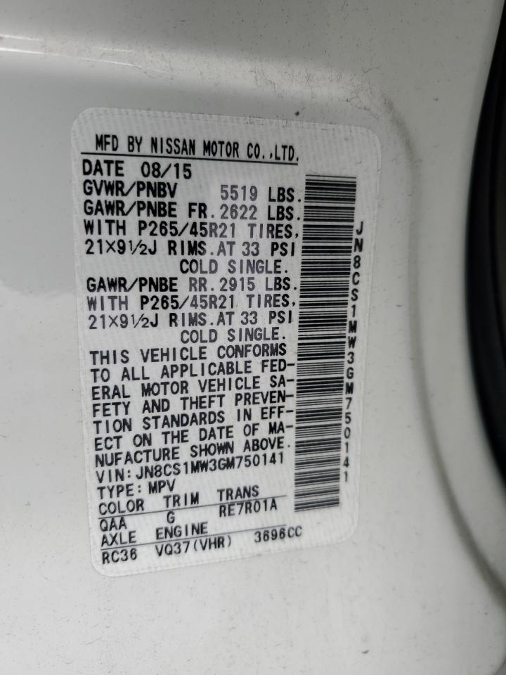 2016 Infiniti Qx70 VIN: JN8CS1MW3GM750141 Lot: 81958985
