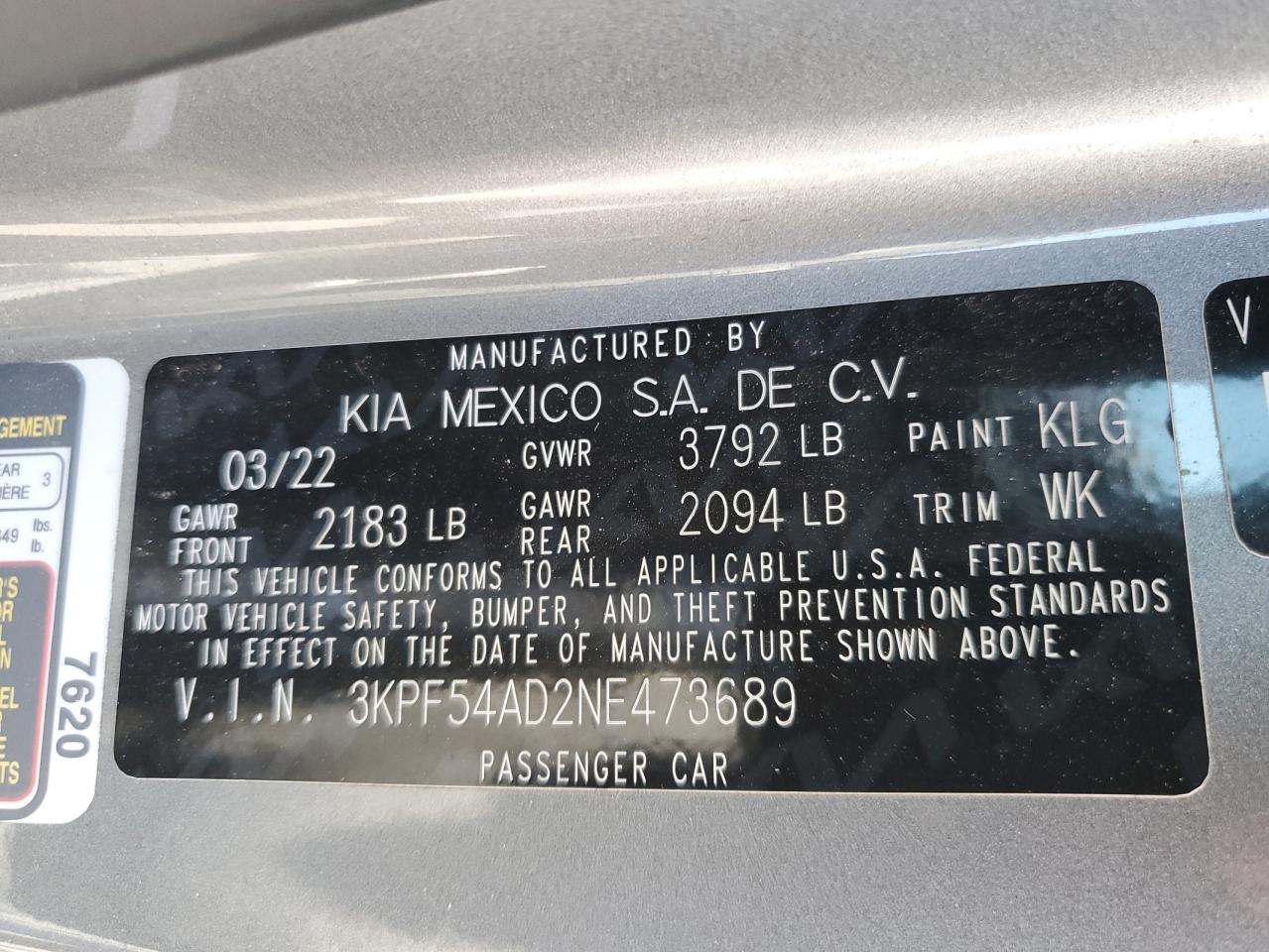 2022 Kia Forte Gt Line VIN: 3KPF54AD2NE473689 Lot: 72079675