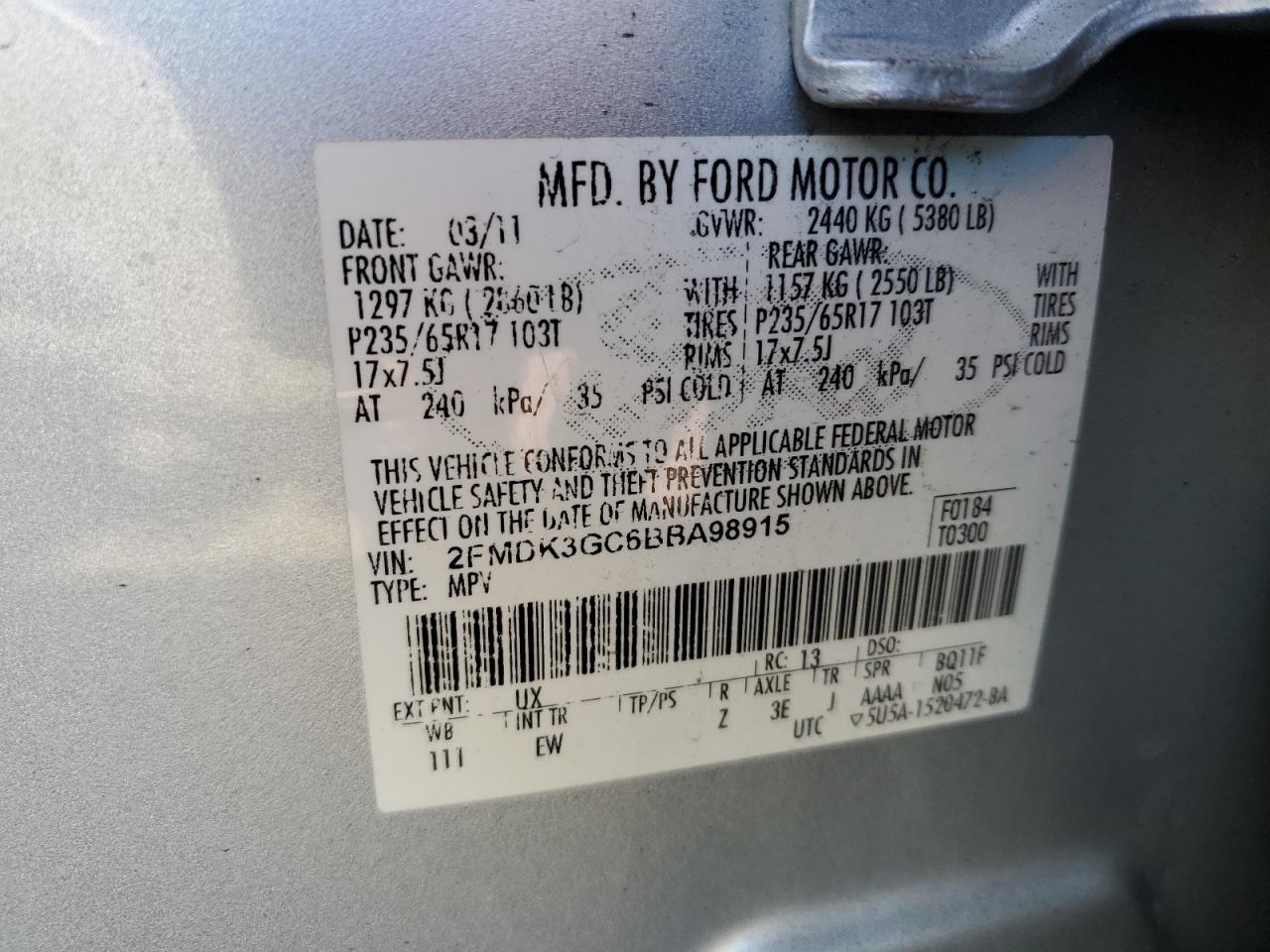 2011 Ford Edge Se VIN: 2FMDK3GC6BBA98915 Lot: 71288755