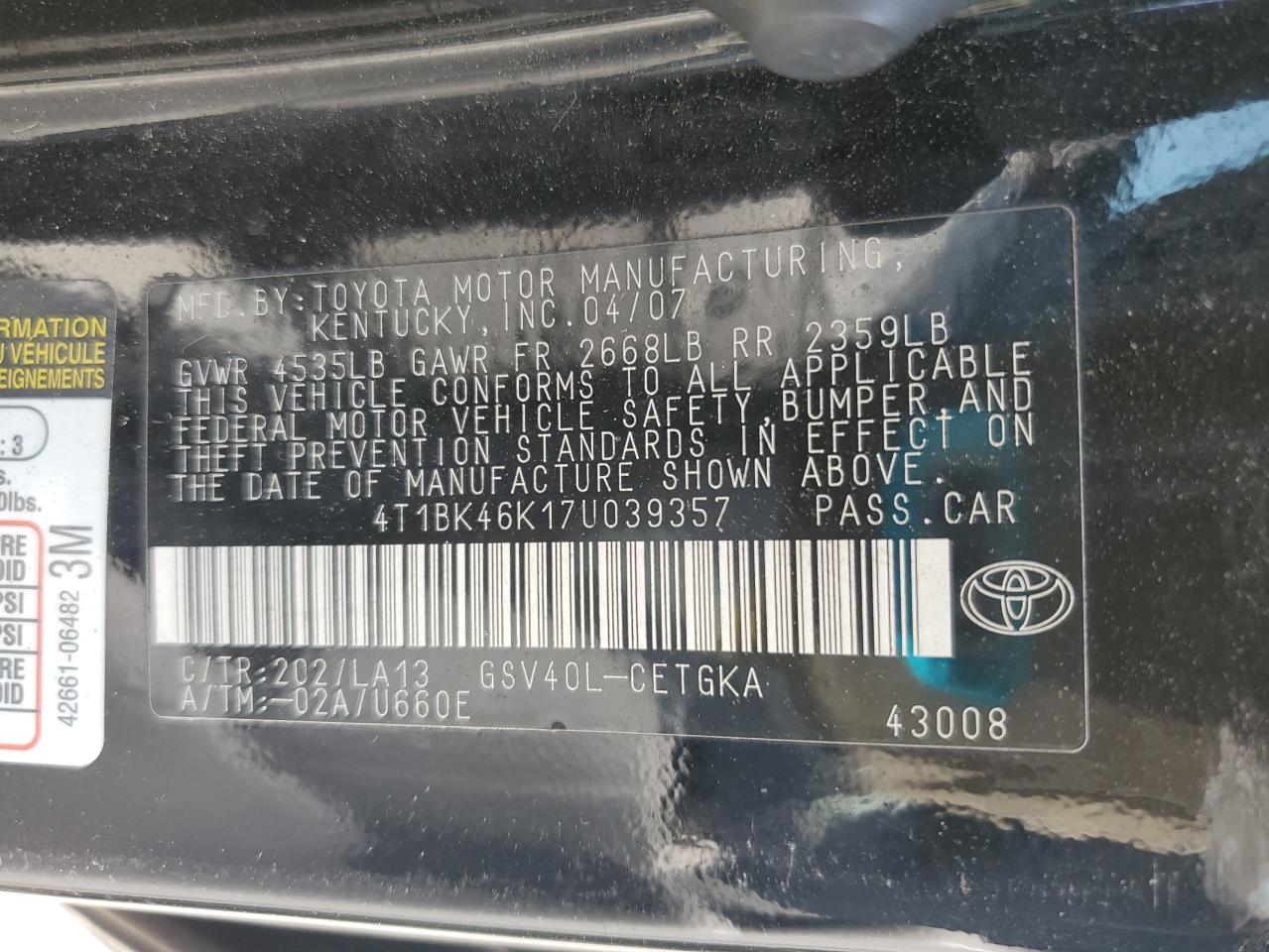 2007 Toyota Camry Le VIN: 4T1BK46K17U039357 Lot: 81478695