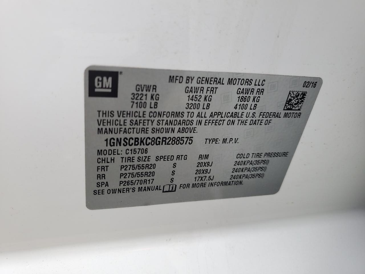 2016 Chevrolet Tahoe C1500 Lt VIN: 1GNSCBKC8GR288575 Lot: 71500735