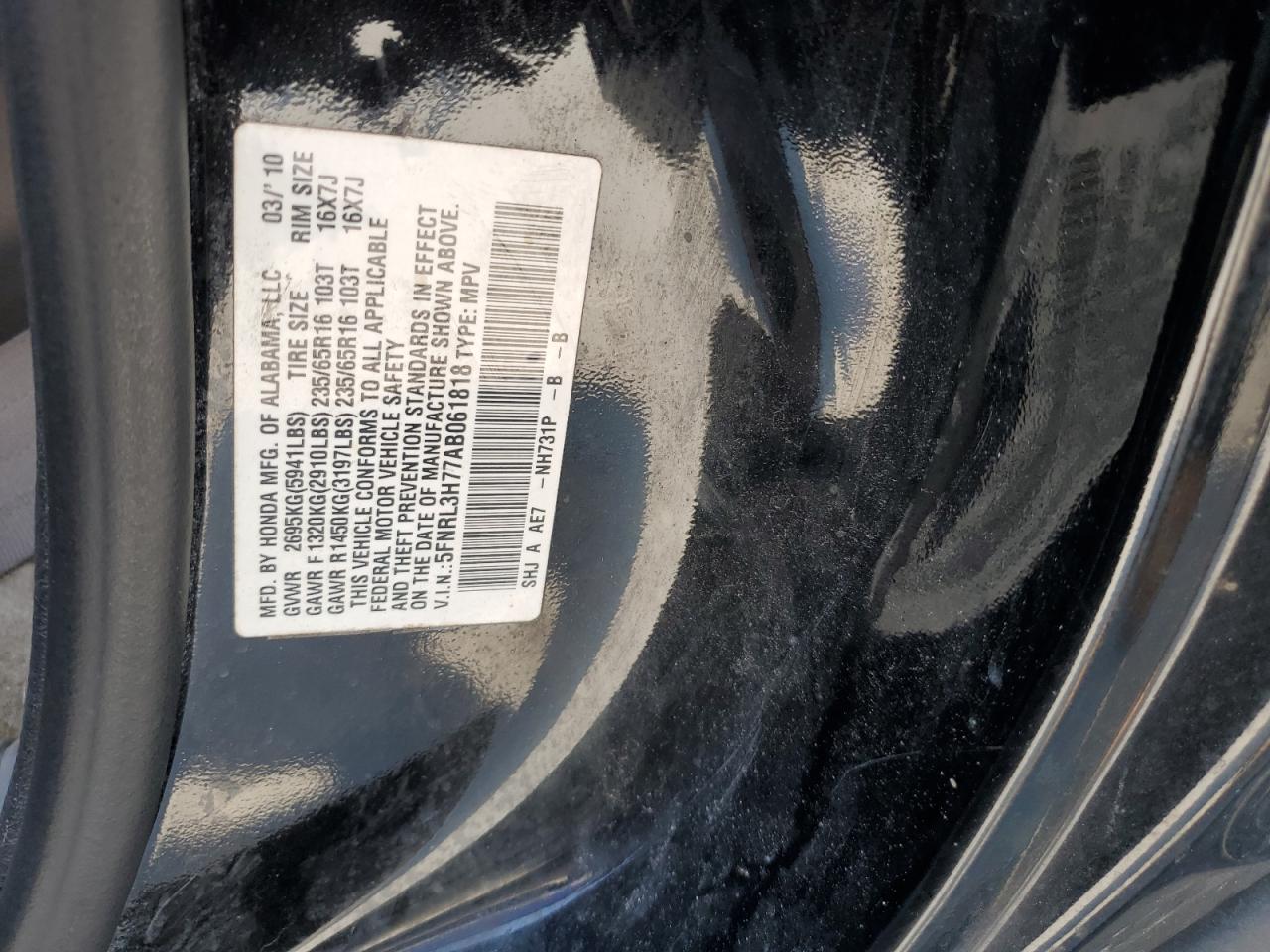 2010 Honda Odyssey Exl VIN: 5FNRL3H77AB061818 Lot: 80701655