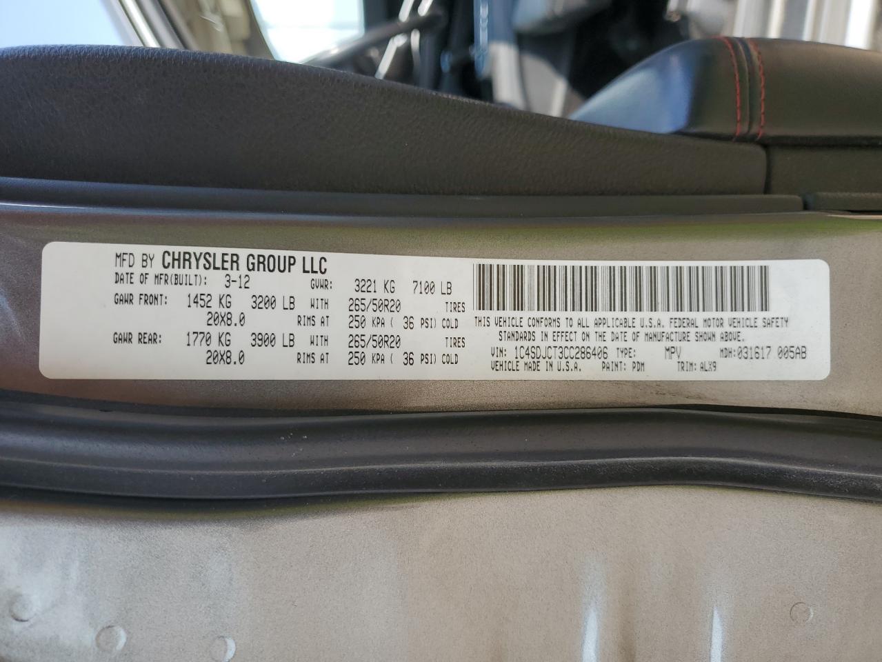 2012 Dodge Durango R/T VIN: 1C4SDJCT3CC286406 Lot: 80682305