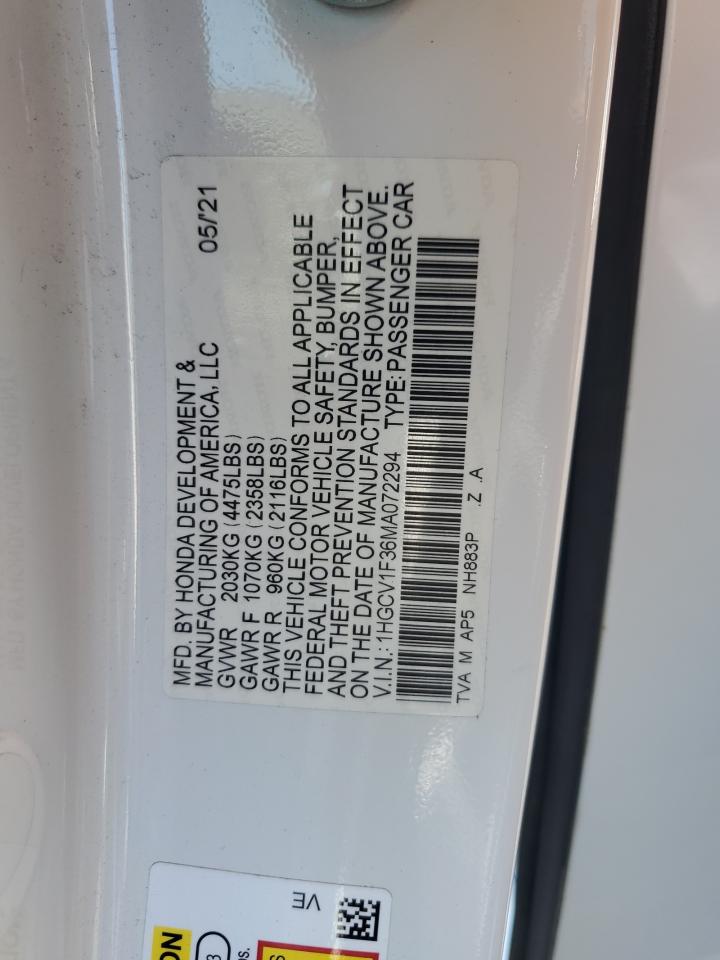 2021 Honda Accord Sport VIN: 1HGCV1F36MA072294 Lot: 71549485