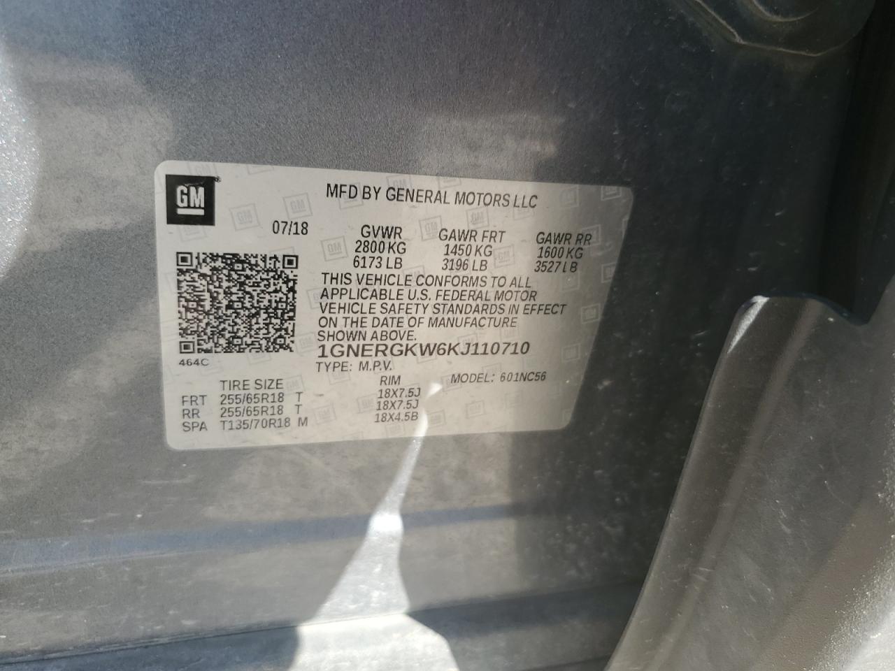 2019 Chevrolet Traverse Lt VIN: 1GNERGKW6KJ110710 Lot: 81506015