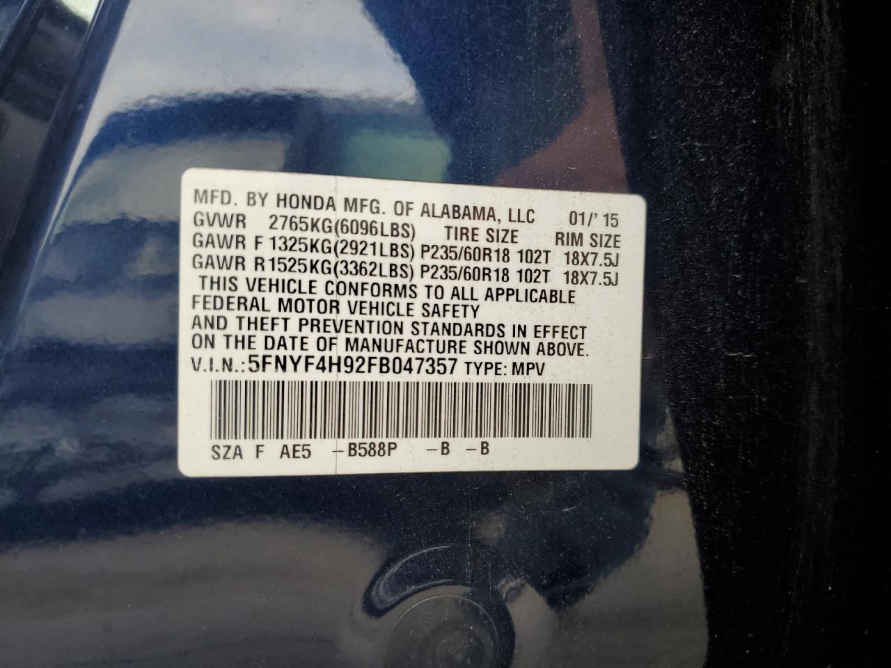 2015 Honda Pilot Touring VIN: 5FNYF4H92FB047357 Lot: 80491915