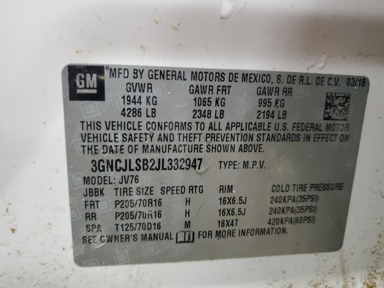 2018 Chevrolet Trax 1Lt VIN: 3GNCJLSB2JL332947 Lot: 80327665