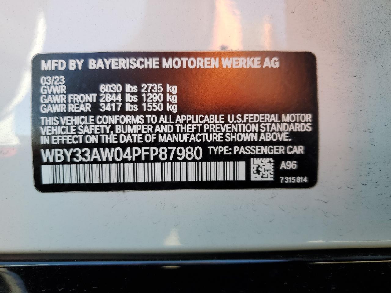 2023 BMW I4 M50 VIN: WBY33AW04PFP87980 Lot: 84467095