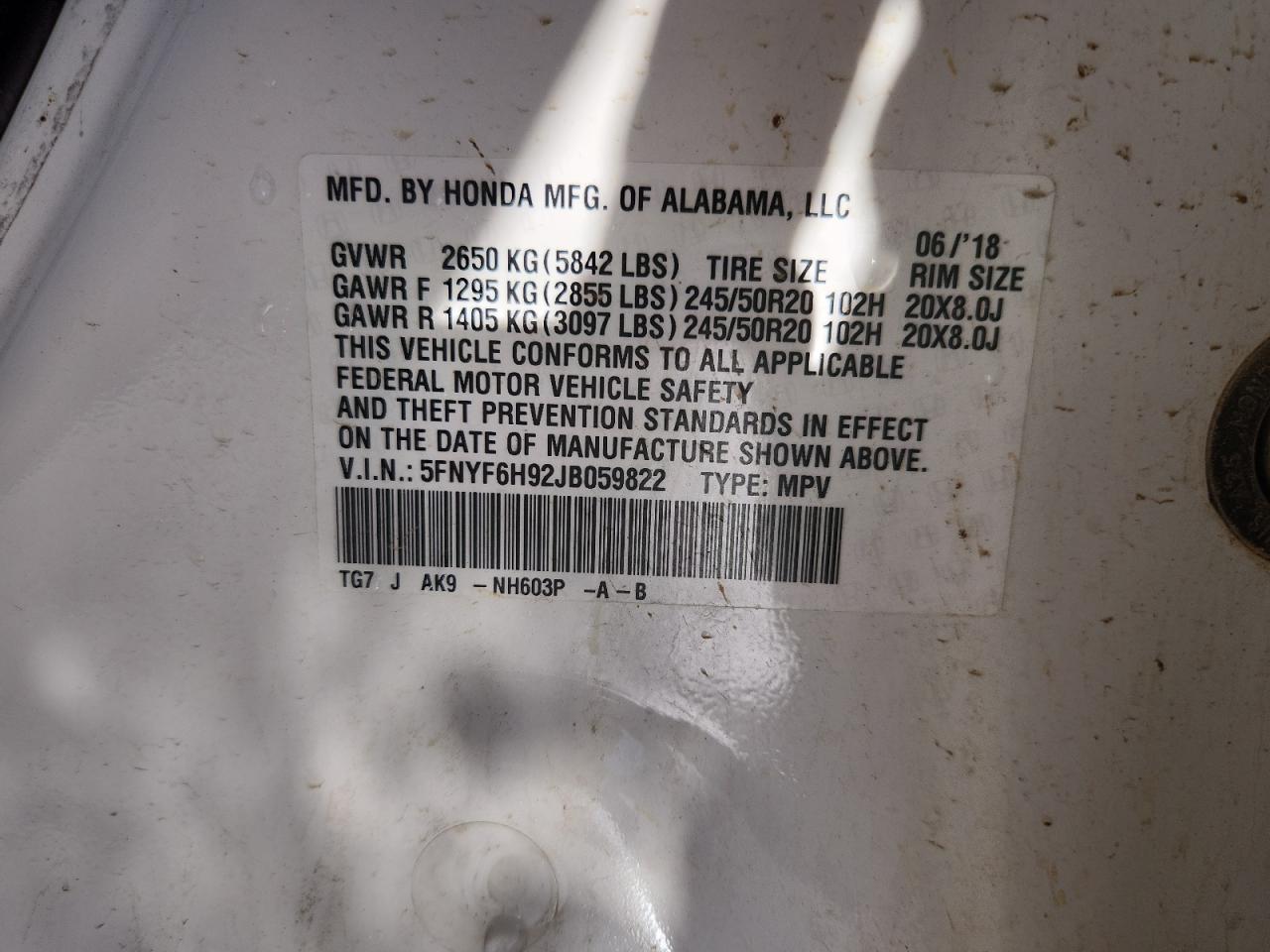 2018 Honda Pilot Touring VIN: 5FNYF6H92JB059822 Lot: 72039665