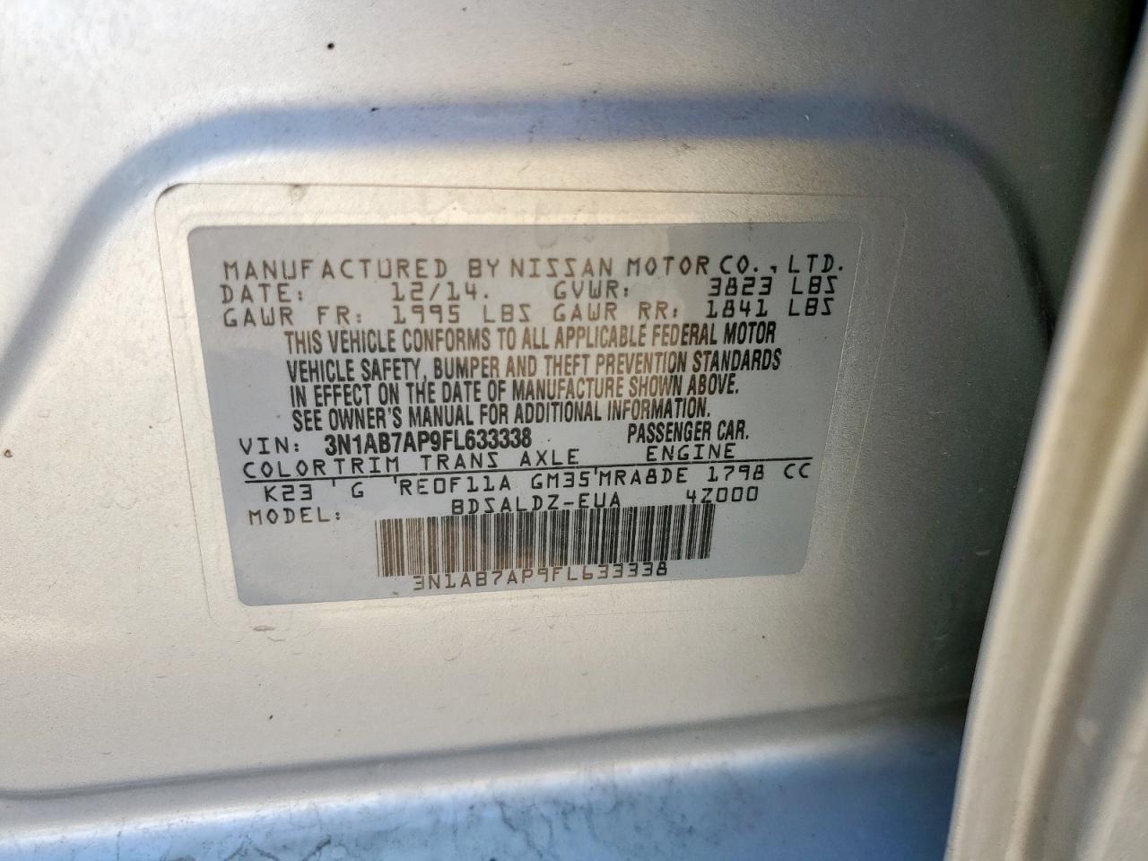 2015 Nissan Sentra S VIN: 3N1AB7AP9FL633338 Lot: 80327635