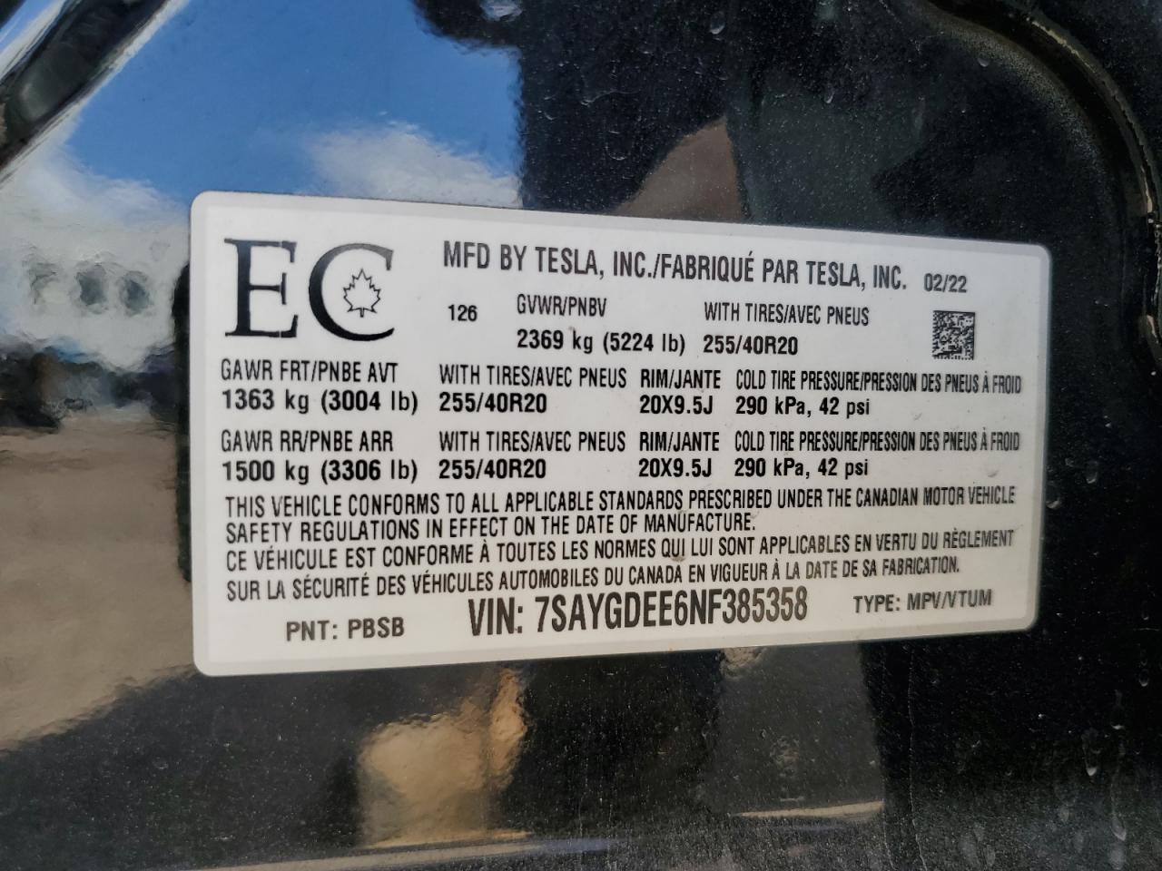 2022 Tesla Model Y VIN: 7SAYGDEE6NF385358 Lot: 72013555