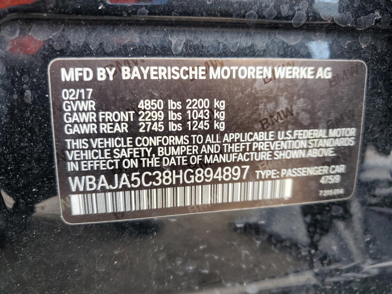 2017 BMW 530 I VIN: WBAJA5C38HG894897 Lot: 81660685