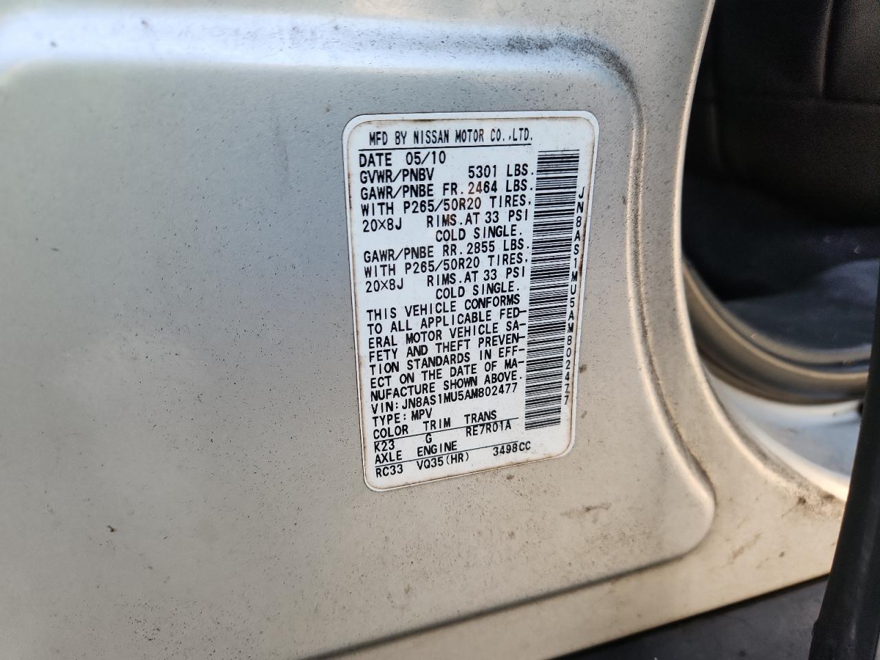 2010 Infiniti Fx35 VIN: JN8AS1MU5AM802477 Lot: 81005075