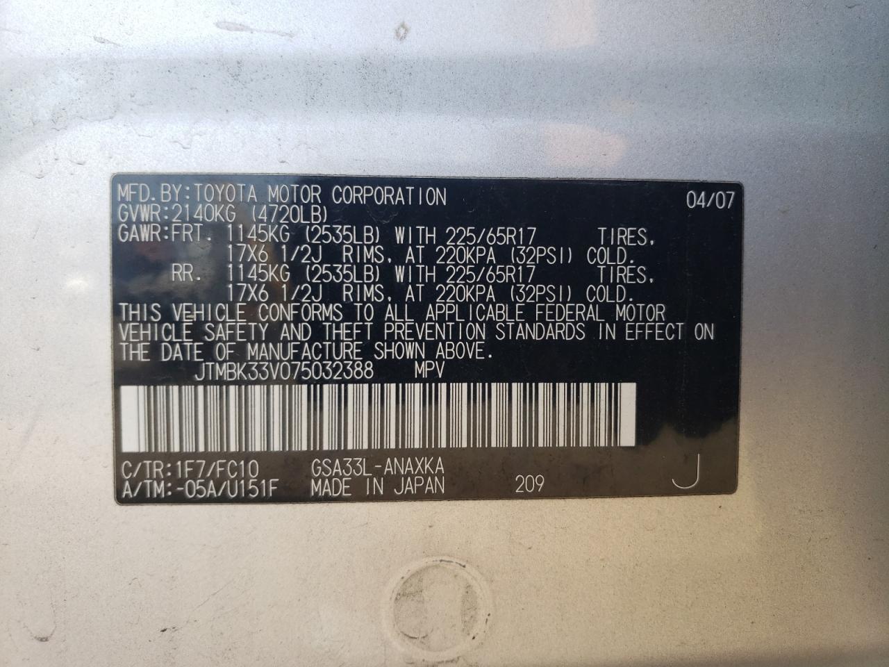 2007 Toyota Rav4 VIN: JTMBK33V075032388 Lot: 80271405