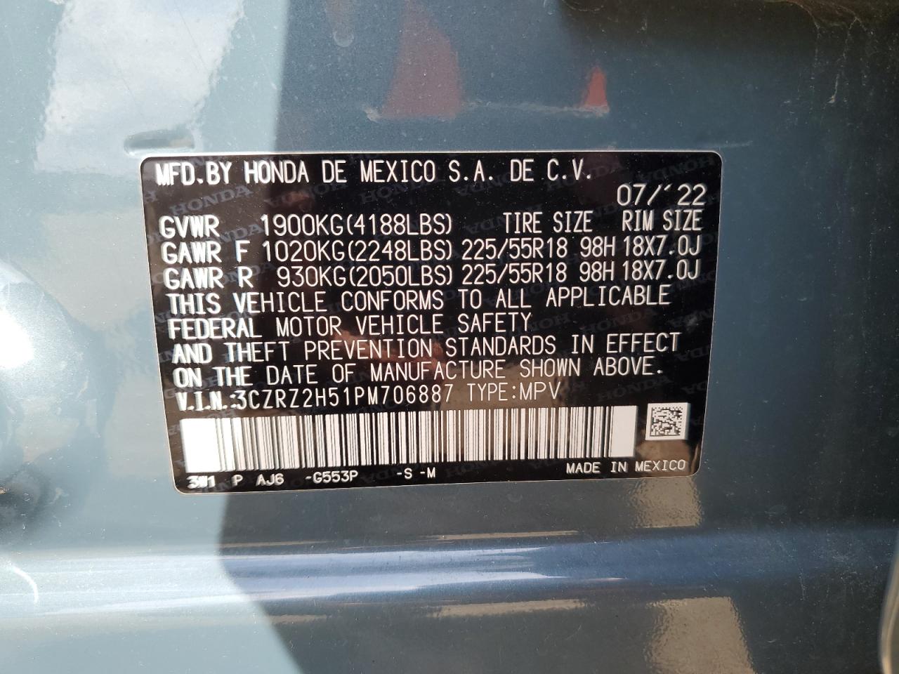 2023 Honda Hr-V Sport VIN: 3CZRZ2H51PM706887 Lot: 81408245