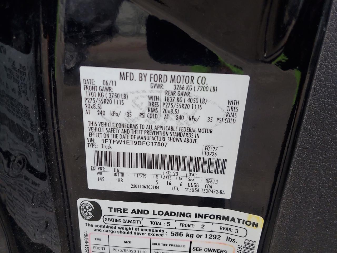 2011 Ford F150 Supercrew VIN: 1FTFW1ET9BFC17807 Lot: 71952915