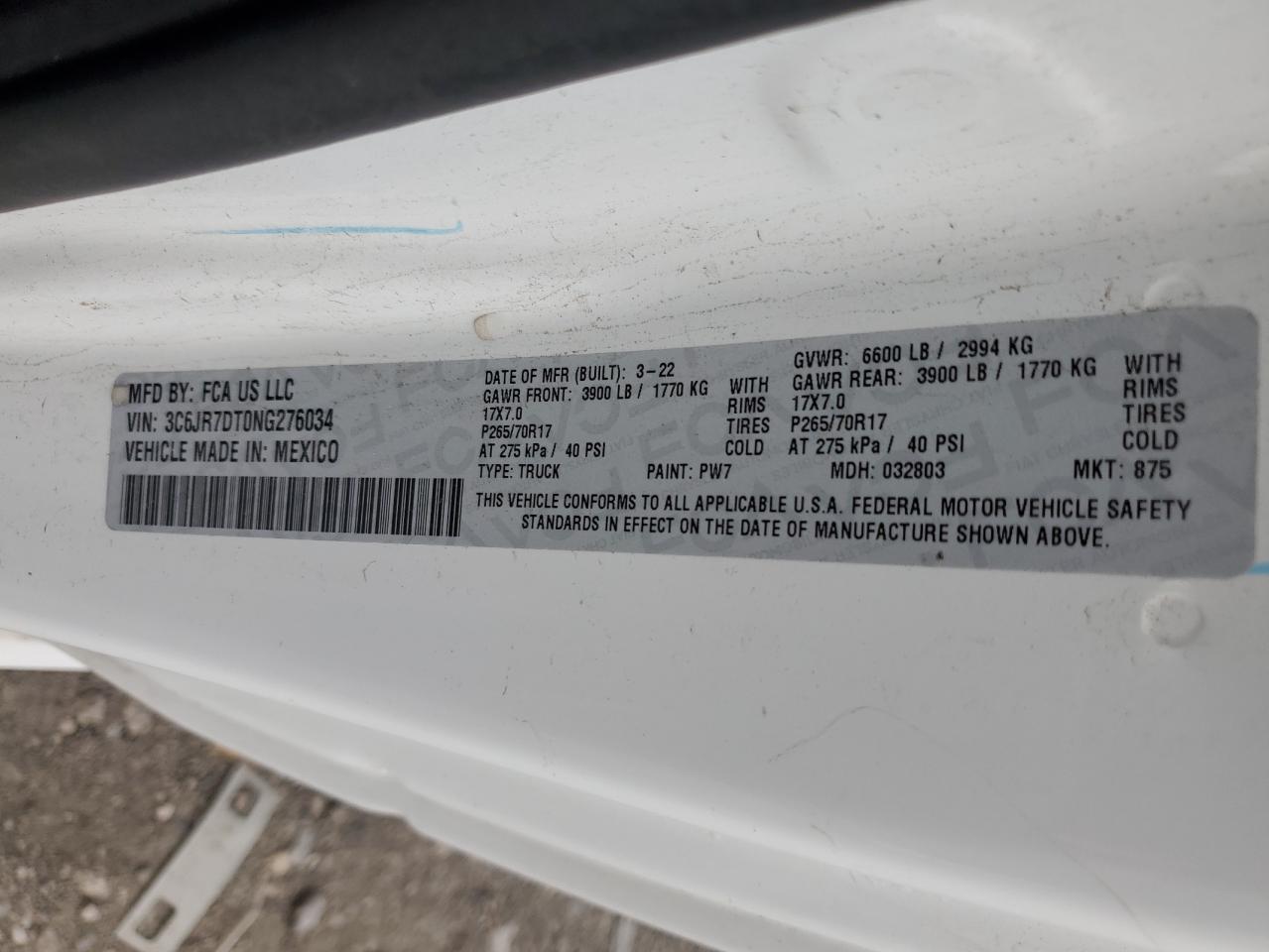 2022 Ram 1500 Classic Tradesman VIN: 3C6JR7DT0NG276034 Lot: 70446795