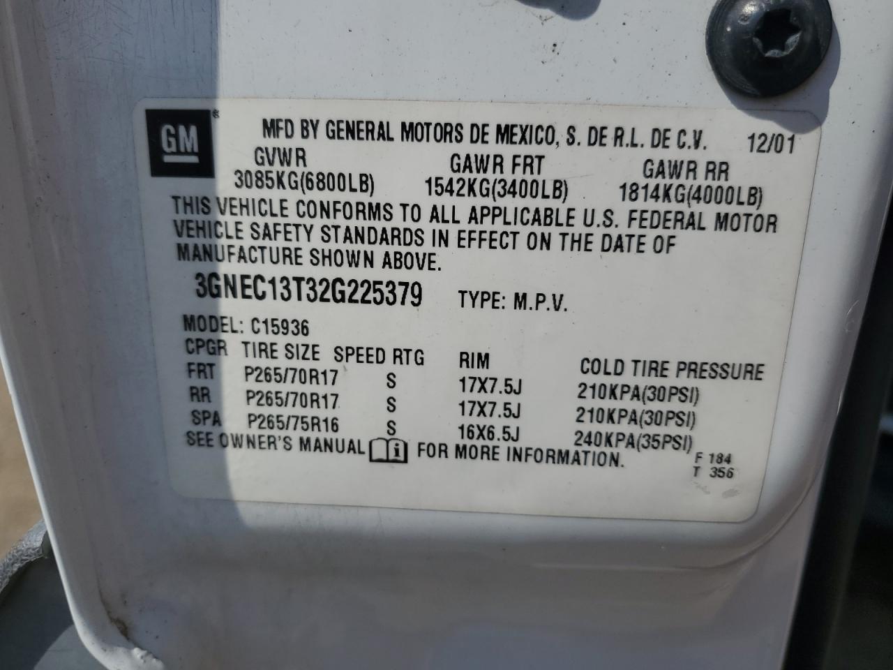 2002 Chevrolet Avalanche C1500 VIN: 3GNEC13T32G225379 Lot: 82125255