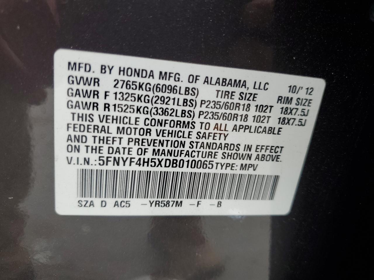 2013 Honda Pilot Exl VIN: 5FNYF4H5XDB010065 Lot: 81875235